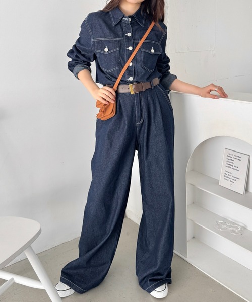 セール】【セットアップ】デニムシャツジャケット+ワイドパンツ