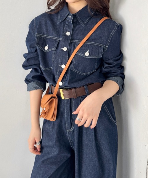 セール】【セットアップ】デニムシャツジャケット+ワイドパンツ