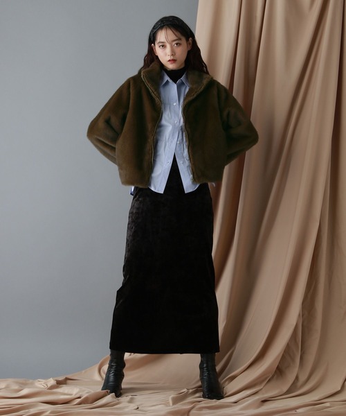 RAGEBLUE（レイジブルー）の「選べるシルエット/Wジップスタンドカラーファージャケット（ブルゾン・レディース・ブラウン/ホワイト/グレー・LARGE/MEDIUM）」の8枚目の写真