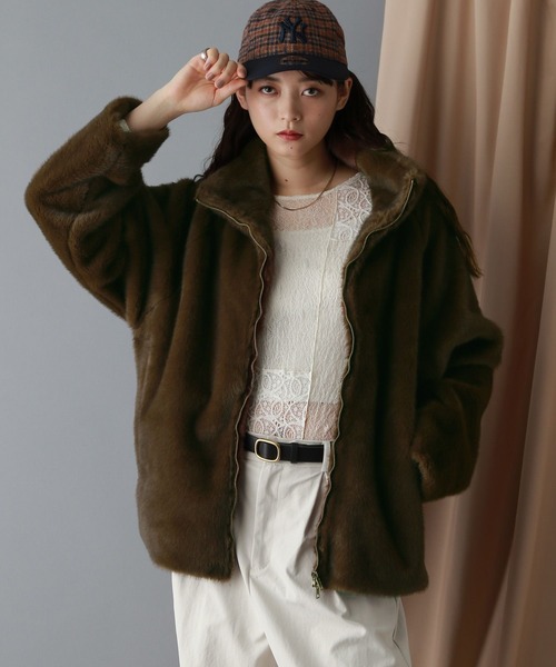 RAGEBLUE（レイジブルー）の「選べるシルエット/Wジップスタンドカラーファージャケット（ブルゾン・レディース・ブラウン/ホワイト/グレー・LARGE/MEDIUM）」の16枚目の写真