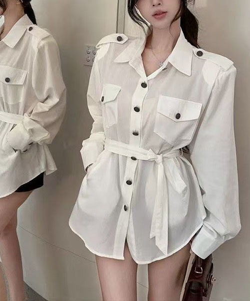 gossip!ロサンゼルス(ゴシップロサンゼルス)の「シャツワンピース ベルト付き 長袖 ウエストマーク フラップポケットミディシャツ(シャツ/ブラウス・レディース・ホワイト・M/S)」の10枚目の写真