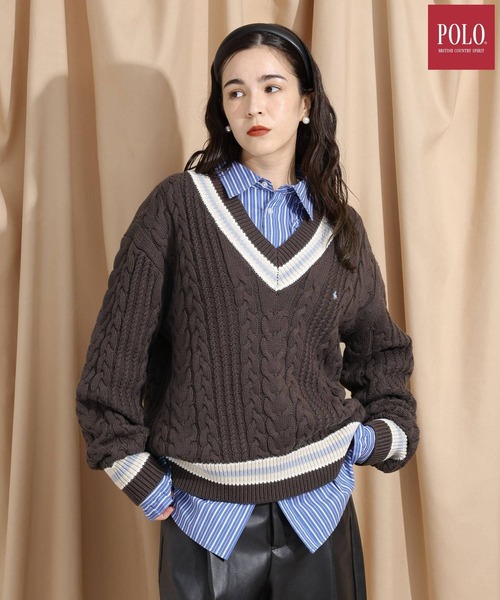 POLO BCS（ポロ ビーシーエス）の「【POLO BCS/ポロ・ビーシーエス】別注/チルデンニットプルオーバー（ニット/セーター・レディース・グレー系その他/オフホワイト/ブラウン・FREE）」の3枚目の写真