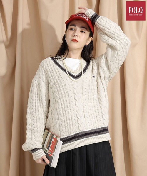 POLO BCS（ポロ ビーシーエス）の「【POLO BCS/ポロ・ビーシーエス】別注/チルデンニットプルオーバー（ニット/セーター・レディース・グレー系その他/オフホワイト/ブラウン・FREE）」の2枚目の写真