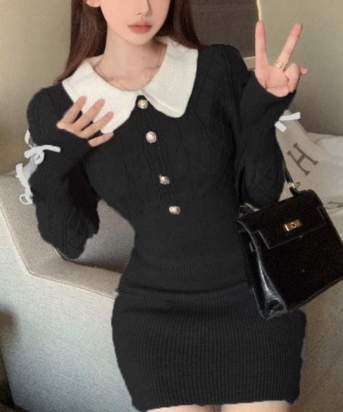 Sibra(シブラ)の「ホワイトカラーニットタイトワンピース(ワンピース・レディース・グレー/ブラック・M)」の1枚目の写真