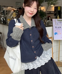 配色ポロカラーニットカーディガン