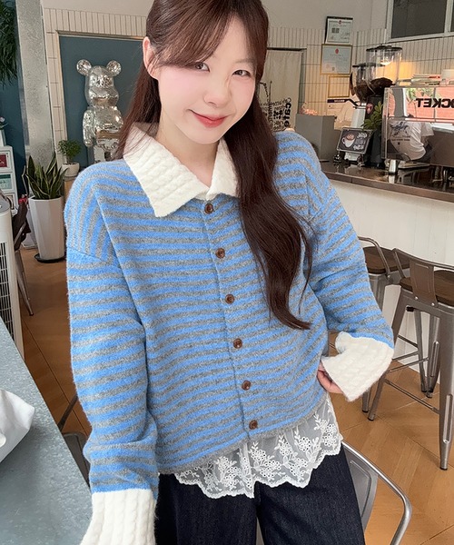 Girly Doll(ガーリードール)の「配色ポロカラーニットカーディガン(カーディガン/ボレロ・レディース・ネイビー/ブルー・FREE)」の8枚目の写真