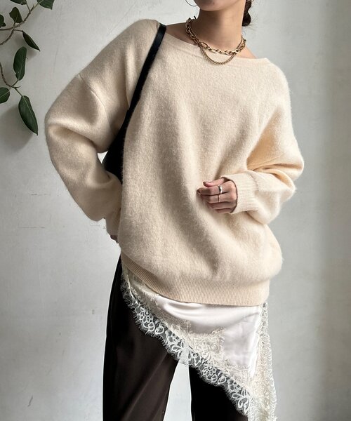 DouDou（ドゥドゥ）の「ファーウールボートネックプルオーバー（ニット/セーター・レディース・レッド/オフホワイト/ブラウン/ネイビー/グレー・FREE）」の7枚目の写真