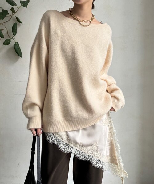 DouDou（ドゥドゥ）の「ファーウールボートネックプルオーバー（ニット/セーター・レディース・レッド/オフホワイト/ブラウン/ネイビー/グレー・FREE）」の9枚目の写真