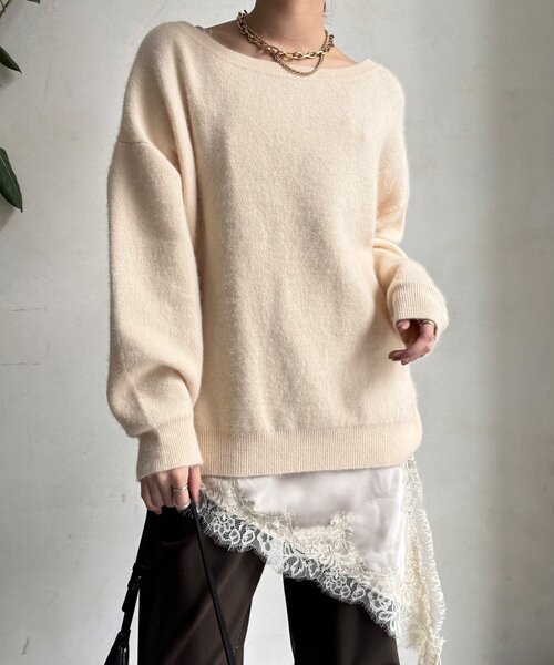 DouDou（ドゥドゥ）の「ファーウールボートネックプルオーバー（ニット/セーター・レディース・レッド/オフホワイト/ブラウン/ネイビー/グレー・FREE）」の10枚目の写真