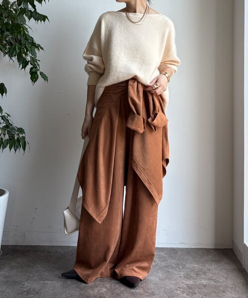 DouDou（ドゥドゥ）の「ファーウールボートネックプルオーバー（ニット/セーター・レディース・レッド/オフホワイト/ブラウン/ネイビー/グレー・FREE）」の13枚目の写真