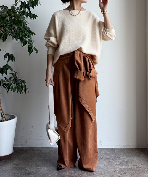 DouDou（ドゥドゥ）の「ファーウールボートネックプルオーバー（ニット/セーター・レディース・レッド/オフホワイト/ブラウン/ネイビー/グレー・FREE）」の14枚目の写真