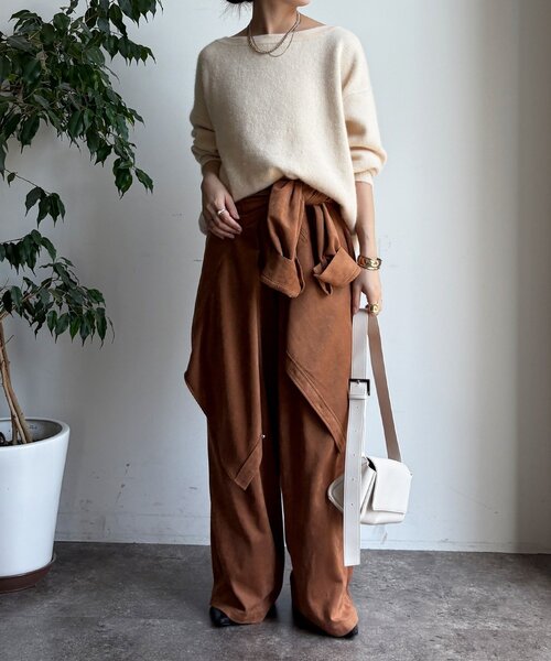 DouDou（ドゥドゥ）の「ファーウールボートネックプルオーバー（ニット/セーター・レディース・レッド/オフホワイト/ブラウン/ネイビー/グレー・FREE）」の16枚目の写真