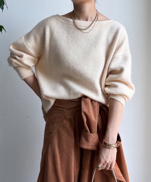 DouDou（ドゥドゥ）の「ファーウールボートネックプルオーバー（ニット/セーター・レディース・レッド/オフホワイト/ブラウン/ネイビー/グレー・FREE）」の19枚目の写真