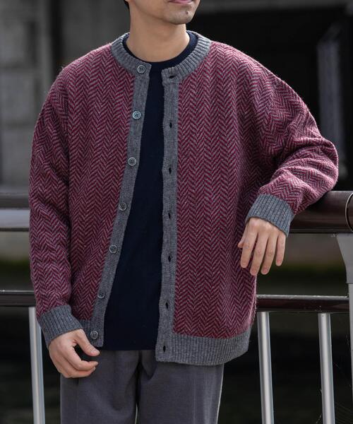XLサイズあり』ヘリンボーン柄クルーニットカーディガン（カーディガン