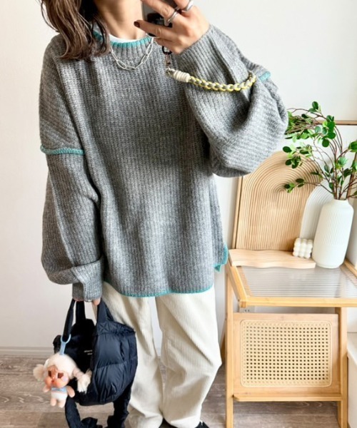LBC（エルビーシー）の「ステッチ配色畦ラインニットプルオーバー（ニット/セーター・レディース・ピンク/ミント/オフホワイト/グレー・M/L）」の3枚目の写真