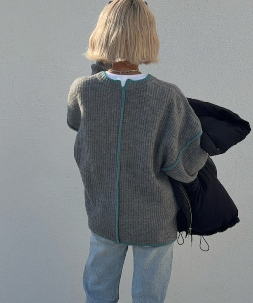 セール】ステッチ配色畦ラインニットプルオーバー（ニット/セーター