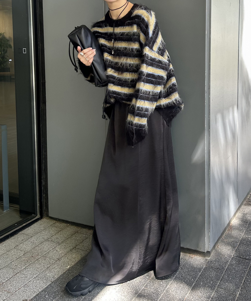 JOURNAL STANDARD（ジャーナルスタンダード）の「マルチボーダーシャギーニット（ニット/セーター・レディース・ブラック/マスタード・FREE）」の6枚目の写真