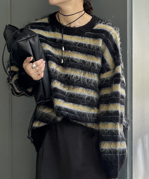 JOURNAL STANDARD（ジャーナルスタンダード）の「マルチボーダーシャギーニット（ニット/セーター・レディース・ブラック/マスタード・FREE）」の7枚目の写真