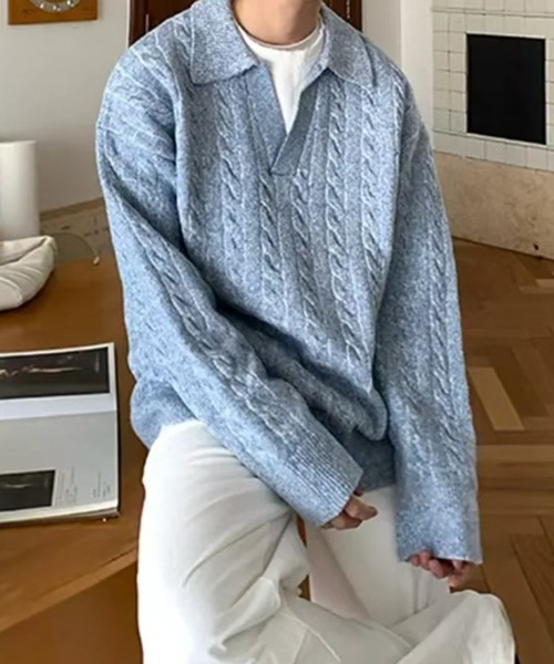 NOWLE(ノウル)の「【NOWLE】ケーブル編み フェイクレイヤード スキッパーニット(ニット/セーター・メンズ・ライトグレー/ライトベージュ/ライトブルー・MEDIUM/LARGE)」の3枚目の写真