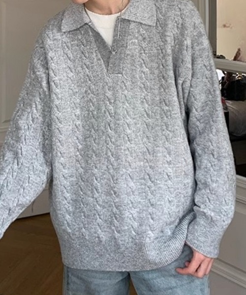 NOWLE(ノウル)の「【NOWLE】ケーブル編み フェイクレイヤード スキッパーニット(ニット/セーター・メンズ・ライトグレー/ライトベージュ/ライトブルー・MEDIUM/LARGE)」の7枚目の写真