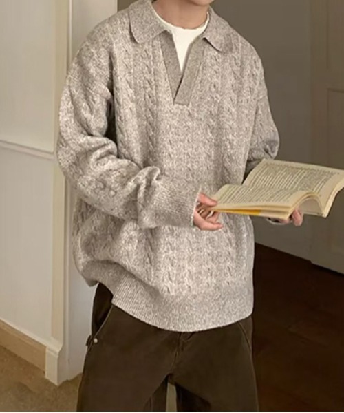 NOWLE(ノウル)の「【NOWLE】ケーブル編み フェイクレイヤード スキッパーニット(ニット/セーター・メンズ・ライトグレー/ライトベージュ/ライトブルー・MEDIUM/LARGE)」の18枚目の写真