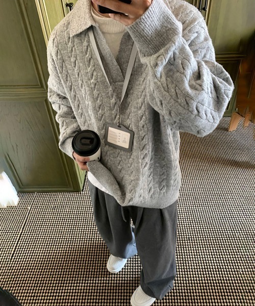 NOWLE(ノウル)の「【NOWLE】ケーブル編み フェイクレイヤード スキッパーニット(ニット/セーター・メンズ・ライトグレー/ライトベージュ/ライトブルー・MEDIUM/LARGE)」の12枚目の写真