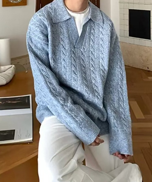 NOWLE(ノウル)の「【NOWLE】ケーブル編み フェイクレイヤード スキッパーニット(ニット/セーター・メンズ・ライトグレー/ライトベージュ/ライトブルー・MEDIUM/LARGE)」の14枚目の写真