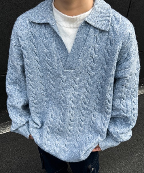 NOWLE(ノウル)の「【NOWLE】ケーブル編み フェイクレイヤード スキッパーニット(ニット/セーター・メンズ・ライトグレー/ライトベージュ/ライトブルー・MEDIUM/LARGE)」の13枚目の写真