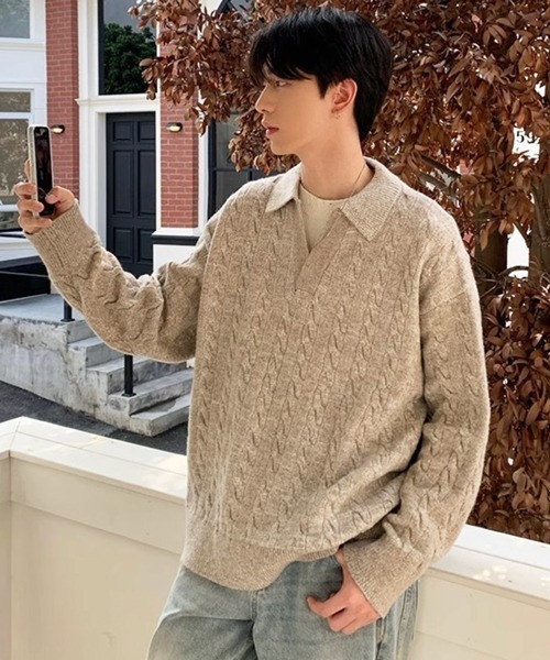 NOWLE(ノウル)の「【NOWLE】ケーブル編み フェイクレイヤード スキッパーニット(ニット/セーター・メンズ・ライトグレー/ライトベージュ/ライトブルー・MEDIUM/LARGE)」の20枚目の写真