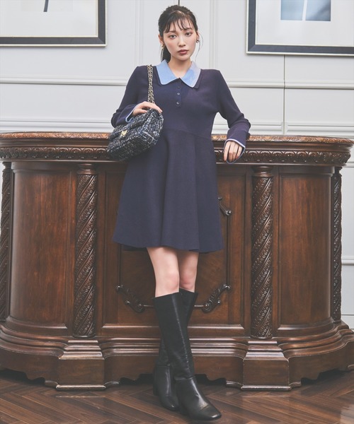 バイカラーポロニットフレアミニワンピース（ワンピース）｜AND