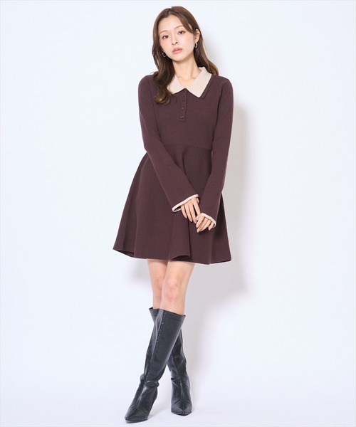 AND COUTURE(アンドクチュール)の「バイカラーポロニットフレアミニワンピース(ワンピース・レディース・ネイビー/ブラック/ボルドー/ブラウン・FREE)」の3枚目の写真