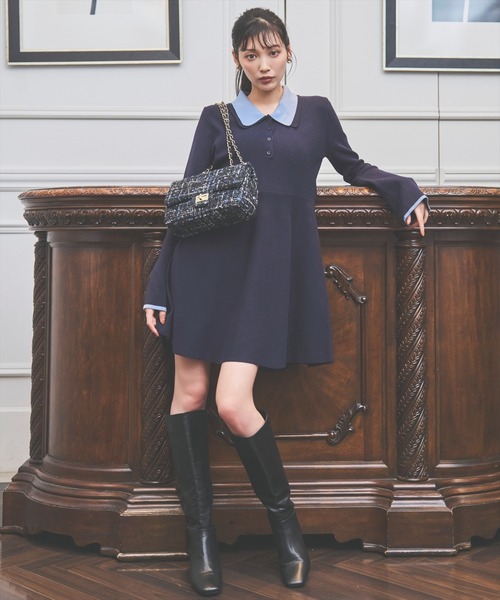 バイカラーポロニットフレアミニワンピース（ワンピース）｜AND