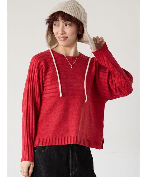 Lugnoncure(ルノンキュール)の「編地切替クルーネックニット(ニット/セーター・レディース・ベージュ/レッド/オフホワイト/ブルー/チャコールグレー・F)」の5枚目の写真