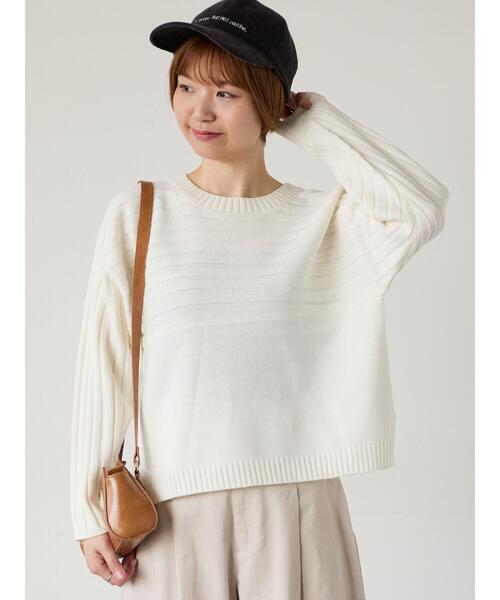 Lugnoncure(ルノンキュール)の「編地切替クルーネックニット(ニット/セーター・レディース・ベージュ/レッド/オフホワイト/ブルー/チャコールグレー・F)」の3枚目の写真