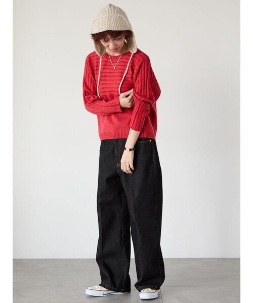 Lugnoncure(ルノンキュール)の「編地切替クルーネックニット(ニット/セーター・レディース・ベージュ/レッド/オフホワイト/ブルー/チャコールグレー・F)」の16枚目の写真