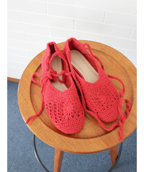 Ungrid（アングリッド）の「メッシュ編みフラットシューズ（バレエシューズ・レディース・レッド/オフホワイト・S/M/L）」の2枚目の写真