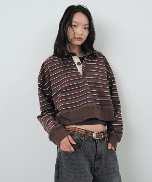 CITYBREEZE(シティブリーズ)の「マルチストライプラグビー スウェットシャツ_2COLORS(ポロシャツ・レディース・パープル/ブラウン・SMALL/MEDIUM)」の4枚目の写真