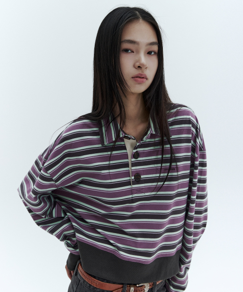 CITYBREEZE(シティブリーズ)の「マルチストライプラグビー スウェットシャツ_2COLORS(ポロシャツ・レディース・パープル/ブラウン・SMALL/MEDIUM)」の5枚目の写真