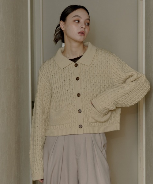OLUN(オルン)の「cable knit shirt/ケーブルニットシャツ(ニット/セーター・レディース・アイボリー/ベージュ・MEDIUM/SMALL)」の14枚目の写真