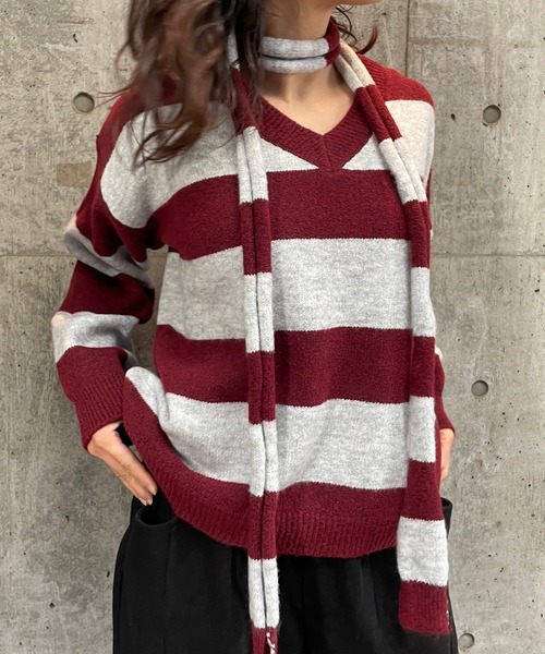 ROGER AND RAW（ロジャーアンドロウ）の「チョーカータイ付ボーダーニット（ニット/セーター・レディース・ワインレッド/グレー・FREE）」の14枚目の写真