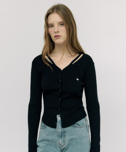 ROLAROLA(ロラロラ)の「CUT OUT SLIM FIT KNIT CARDIGAN BLACK(カーディガン/ボレロ・レディース・ブラック・FREE)」の1枚目の写真