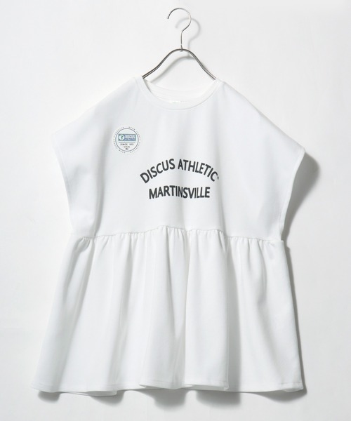 DISCUS ATHLETIC(ディスカス アスレチック)の「DISCUS ATHLETIC(ディスカスアスレチック)UVケア ペプラムフレアTシャツ/フレンチスリーブ カレッジロゴ 体型カバー(Tシャツ/カットソー・レディース・スミクロ/ネイビー/オフホワイト・M)」の2枚目の写真