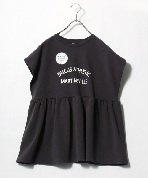 DISCUS ATHLETIC(ディスカス アスレチック)の「DISCUS ATHLETIC(ディスカスアスレチック)UVケア ペプラムフレアTシャツ/フレンチスリーブ カレッジロゴ 体型カバー(Tシャツ/カットソー・レディース・スミクロ/ネイビー/オフホワイト・M)」の1枚目の写真