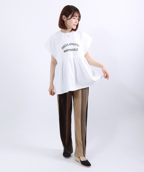 DISCUS ATHLETIC(ディスカス アスレチック)の「DISCUS ATHLETIC(ディスカスアスレチック)UVケア ペプラムフレアTシャツ/フレンチスリーブ カレッジロゴ 体型カバー(Tシャツ/カットソー・レディース・スミクロ/ネイビー/オフホワイト・M)」の12枚目の写真