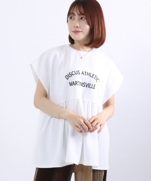 DISCUS ATHLETIC(ディスカス アスレチック)の「DISCUS ATHLETIC(ディスカスアスレチック)UVケア ペプラムフレアTシャツ/フレンチスリーブ カレッジロゴ 体型カバー(Tシャツ/カットソー・レディース・スミクロ/ネイビー/オフホワイト・M)」の11枚目の写真