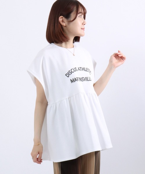 DISCUS ATHLETIC(ディスカス アスレチック)の「DISCUS ATHLETIC(ディスカスアスレチック)UVケア ペプラムフレアTシャツ/フレンチスリーブ カレッジロゴ 体型カバー(Tシャツ/カットソー・レディース・スミクロ/ネイビー/オフホワイト・M)」の10枚目の写真