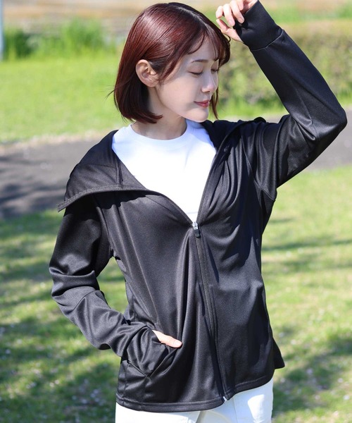 Salong hameu(サロン ハミュー)の「フェイスガード付き ツバ付きフード UVカットパーカー ソフトメッシュ ジップパーカー 吸汗速乾 指穴付き レディース(パーカー・レディース・ラベンダー/ライトグレー/ブルー/ブラック・M/L/LL)」の7枚目の写真