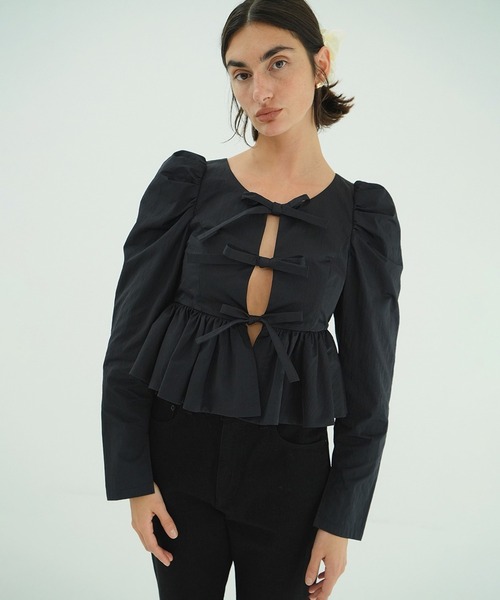 シャツ+ブラウス(半袖+袖なし) Mila Bow Peplum Blouse [S] black Mila Bow Peplum Blouse
