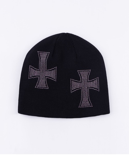 ビーニー｜Black x Pink Cross Rhinestone Beanie｜Unknown London