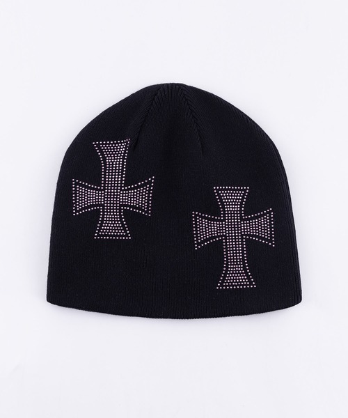 ビーニー｜Black x Pink Cross Rhinestone Beanie｜Unknown London